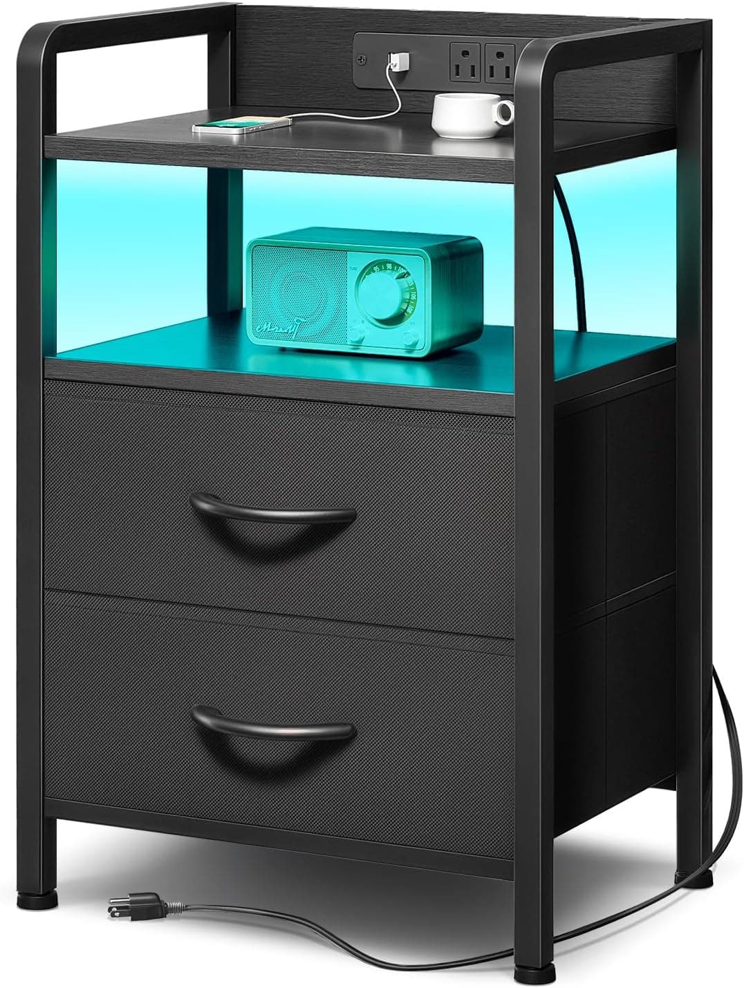 Listing image for Lazzanto Nightstand with Rear Charging Station, LED Light, 2 Drawers, Black