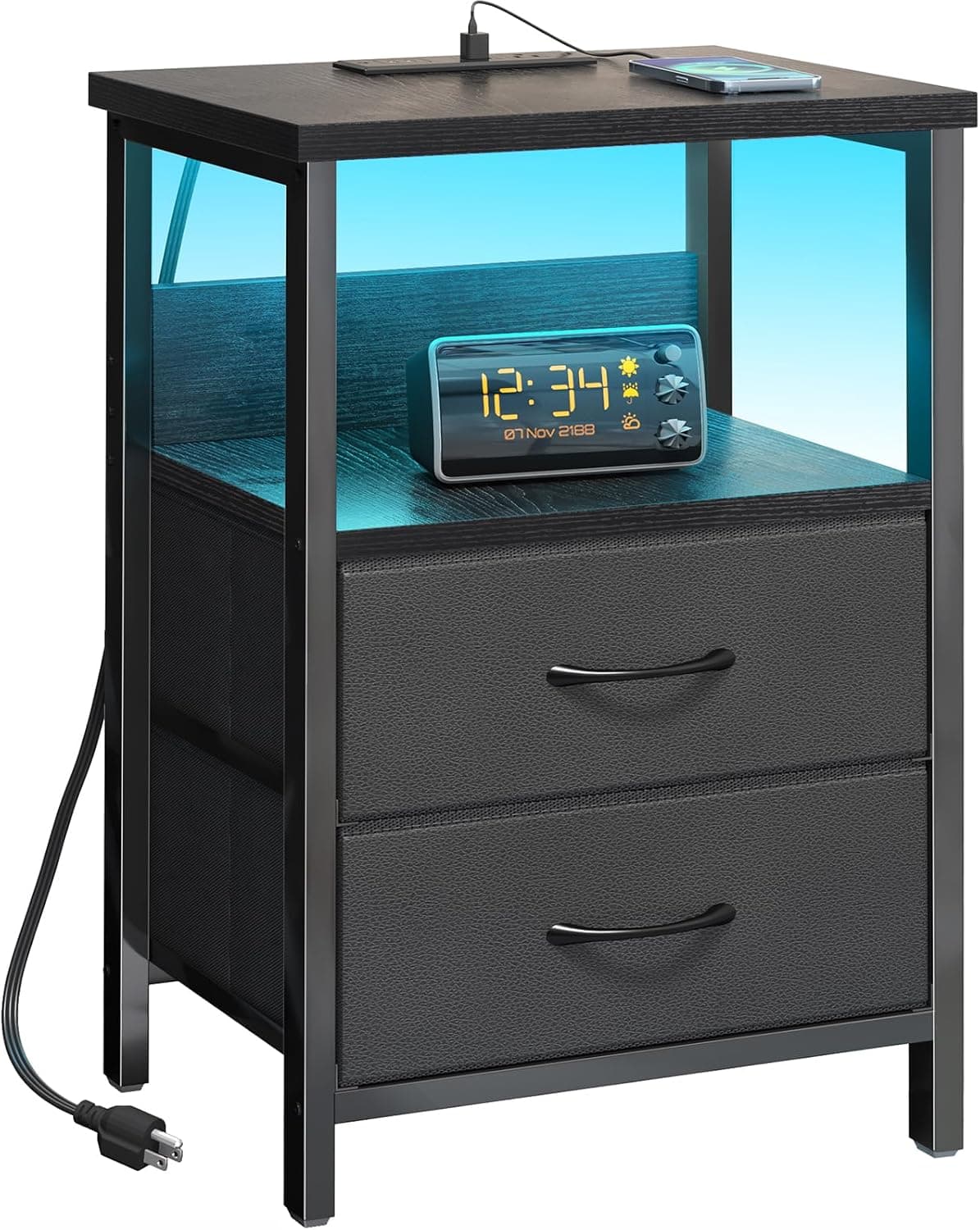 Listing image for Fixwal Night Stand with Charging Station, 2 Drawers, Black